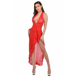 Robe longue dentelle voile dos nu de couleur rouge